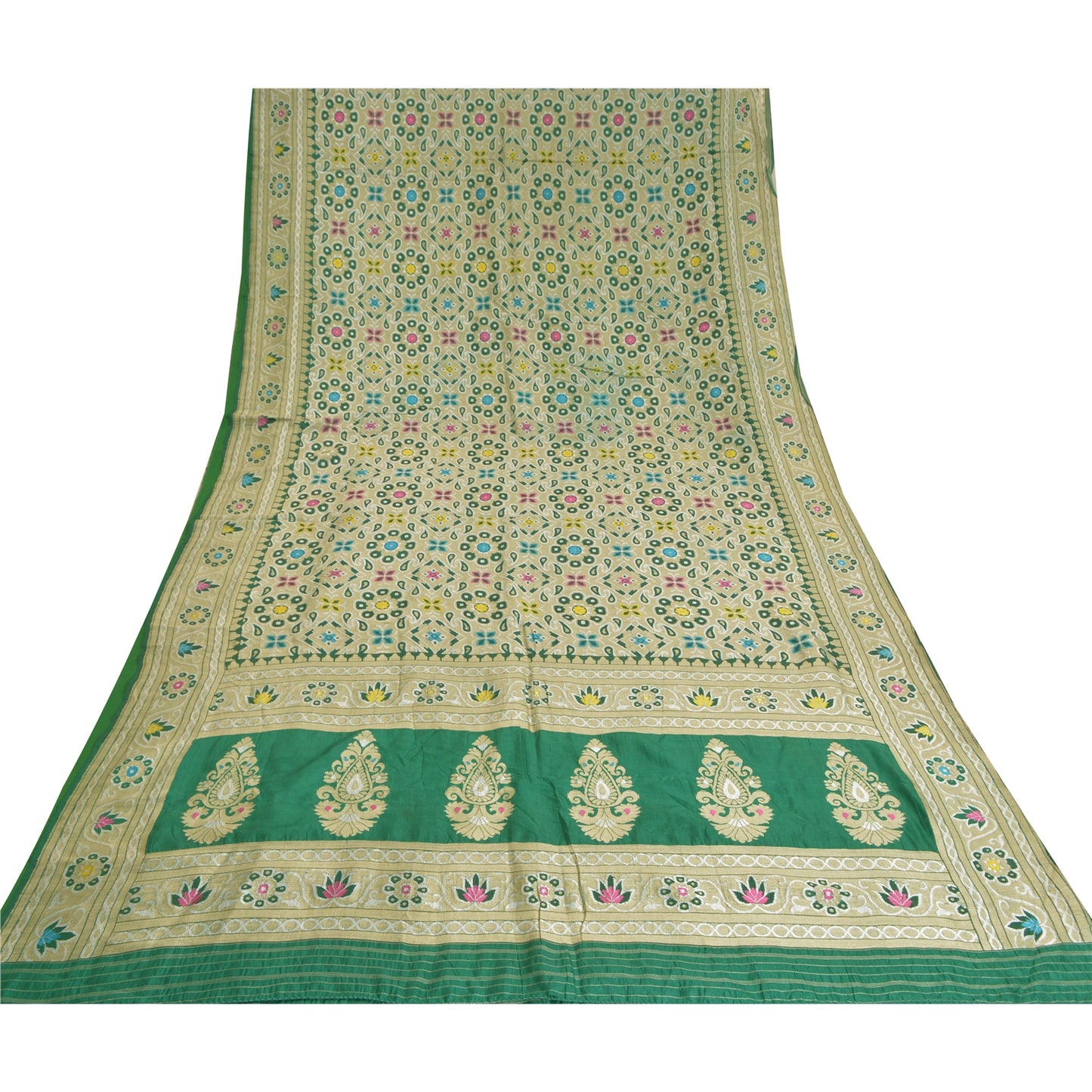 Sanskriti Vintage Green Indian Sarees Hand Woven 100% Pure Silk Sari 5yd Fabric