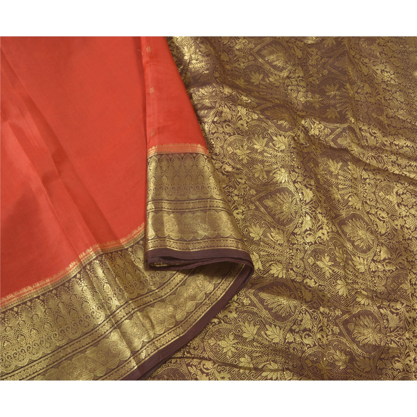 Sanskriti Vintage Rusty Orange Sarees Pure Silk Woven Banarasi Sari Fabric