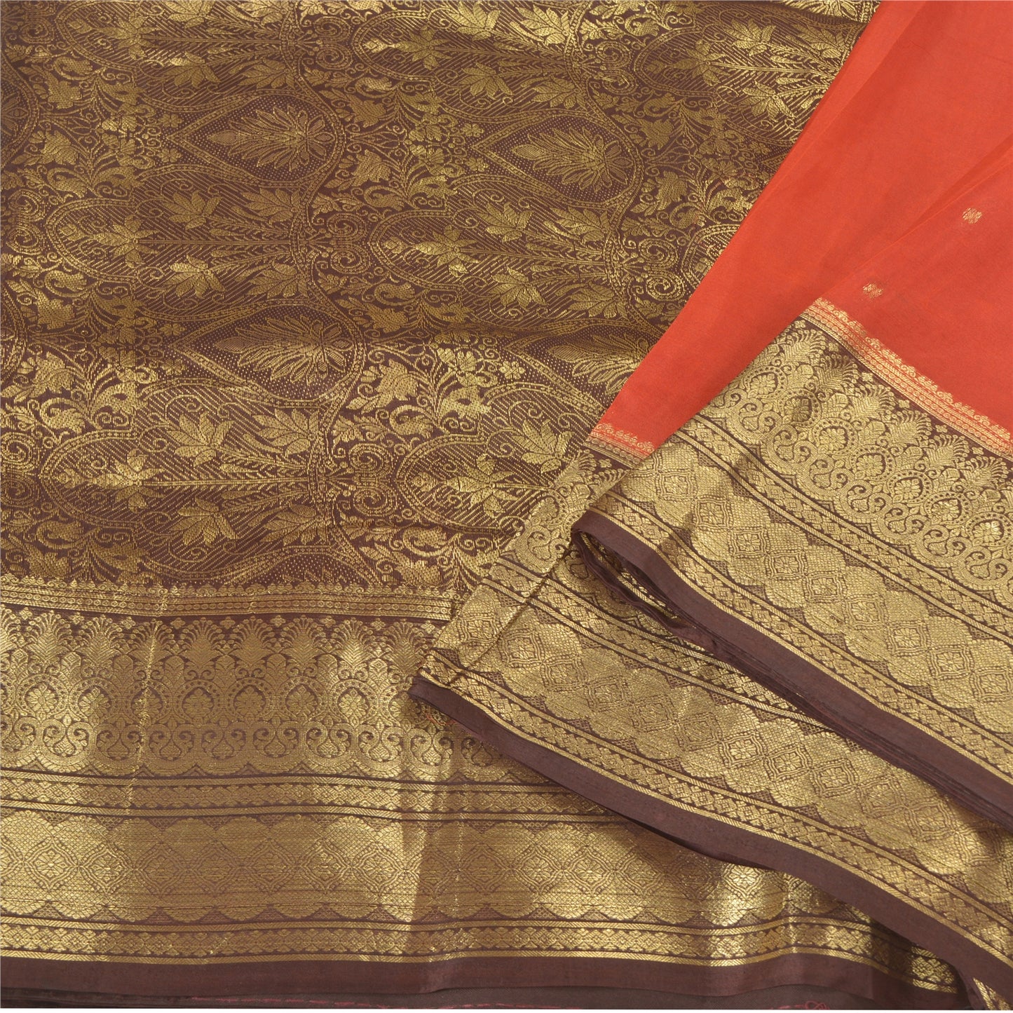 Sanskriti Vintage Rusty Orange Sarees Pure Silk Woven Banarasi Sari Fabric