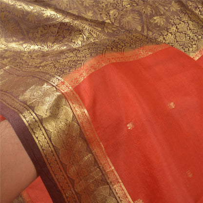 Sanskriti Vintage Rusty Orange Sarees Pure Silk Woven Banarasi Sari Fabric