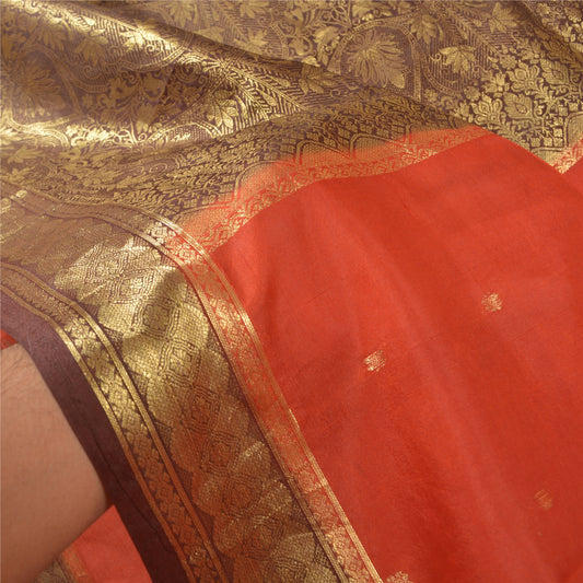 Sanskriti Vintage Rusty Orange Sarees Pure Silk Woven Banarasi Sari Fabric