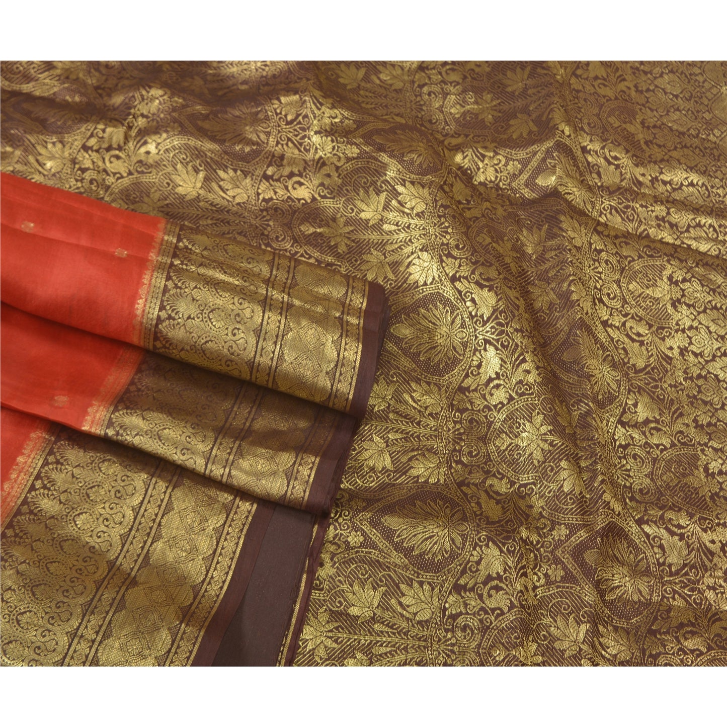 Sanskriti Vintage Rusty Orange Sarees Pure Silk Woven Banarasi Sari Fabric