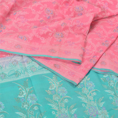 Sanskriti Vintage Pink Indian Sarees Pure Silk Zari Hand-Woven Sari 5 yd Fabric