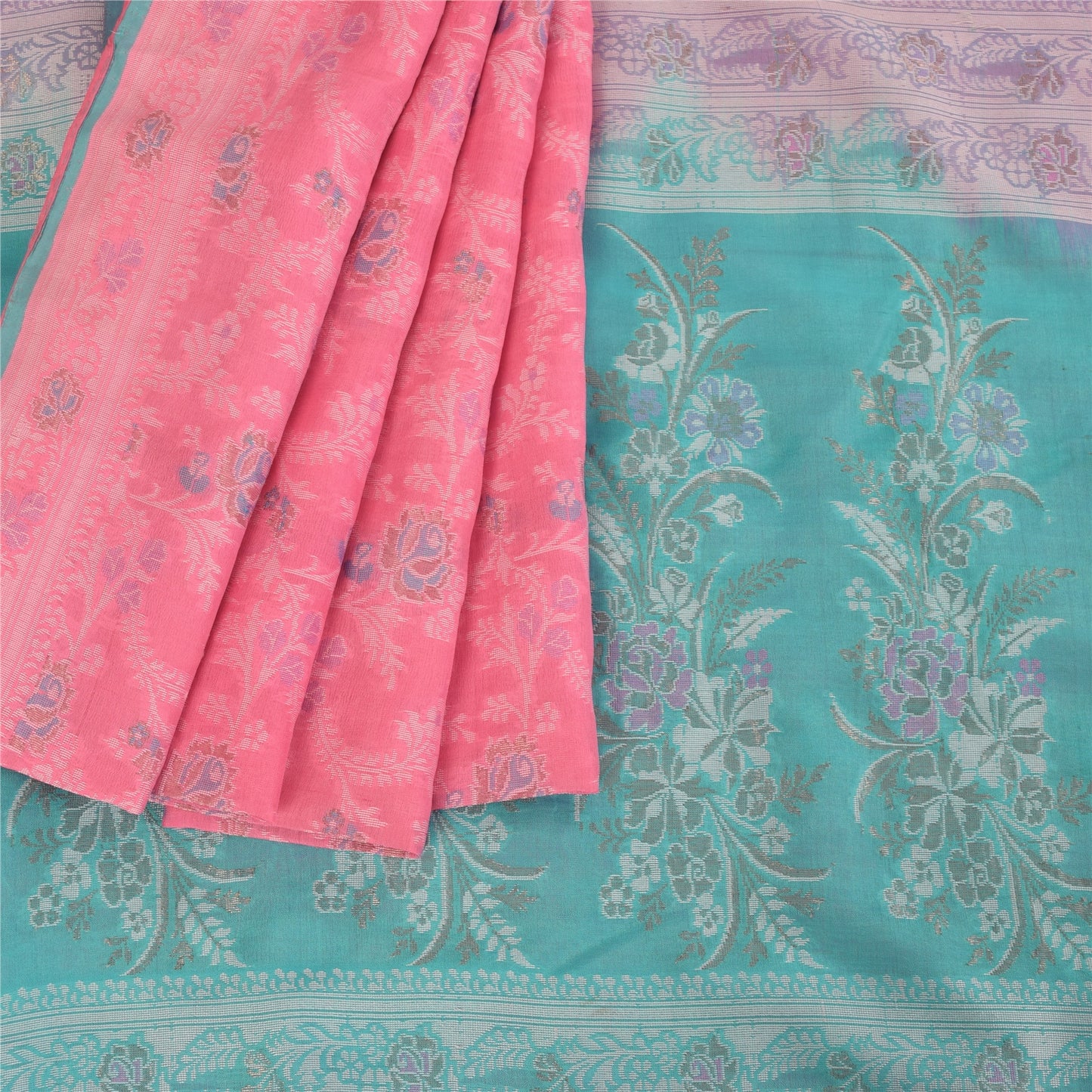 Sanskriti Vintage Pink Indian Sarees Pure Silk Zari Hand-Woven Sari 5 yd Fabric