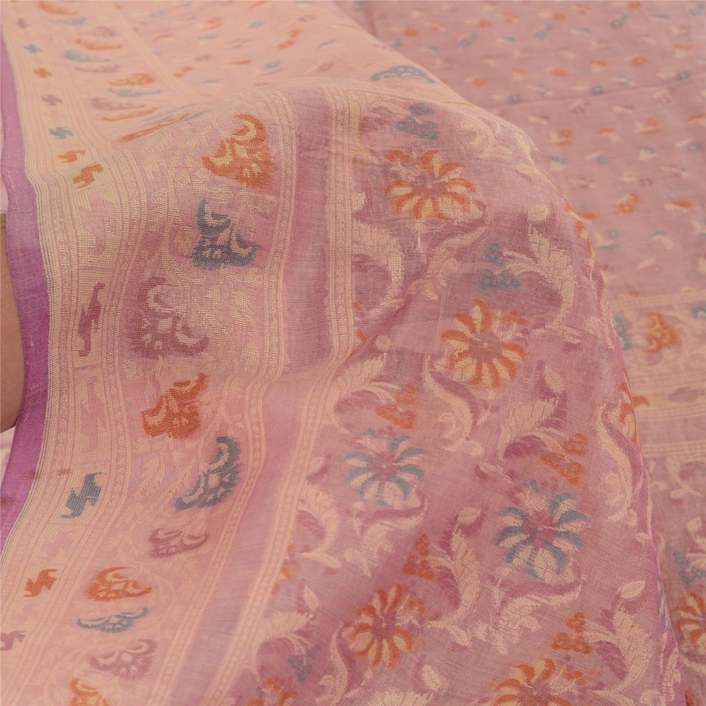 Sanskriti Vintage Indian Peach Sarees Cotton Silk Hand-Woven Jamdani Sari Fabric