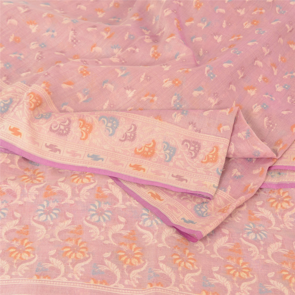 Sanskriti Vintage Indian Peach Sarees Cotton Silk Hand-Woven Jamdani Sari Fabric