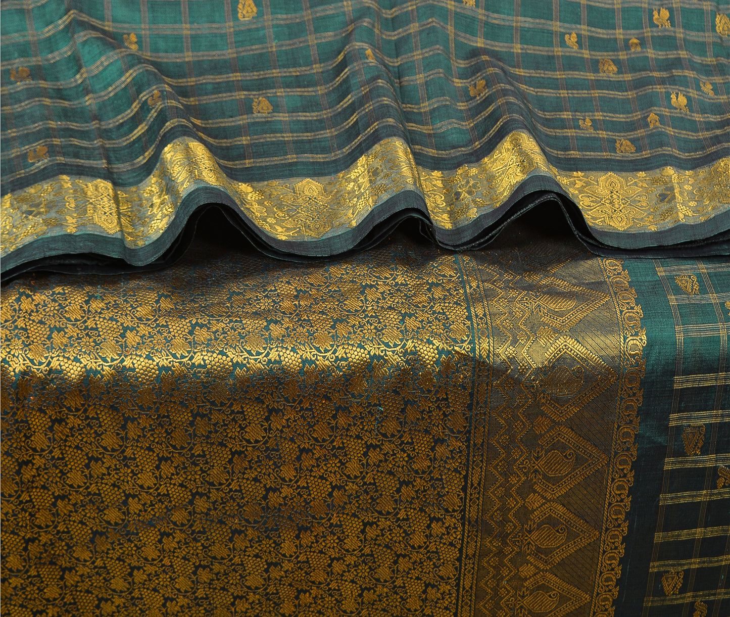 Sanskriti Vintage Green Sarees Pure Silk Zari Woven Brocade Indian Wedding Sari