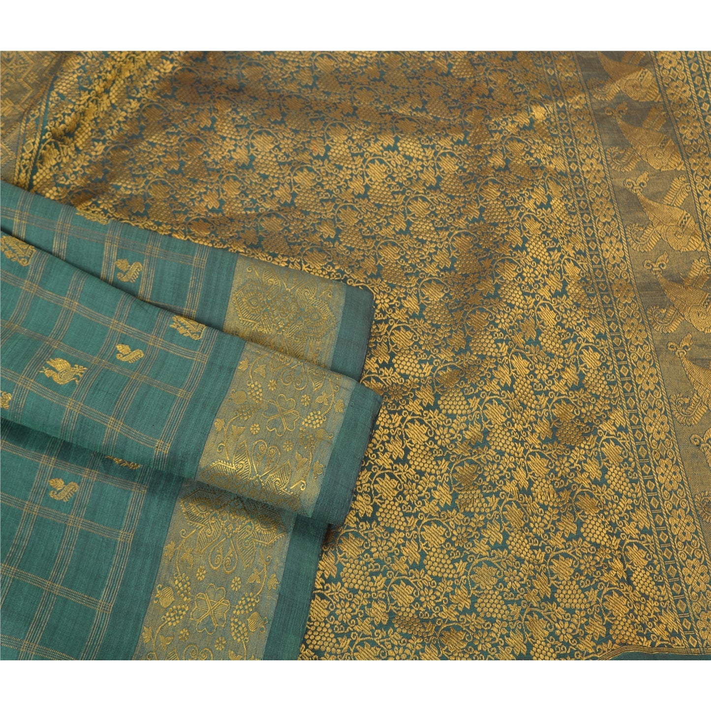 Sanskriti Vintage Green Sarees Pure Silk Zari Woven Brocade Indian Wedding Sari