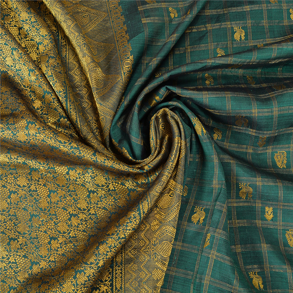 Sanskriti Vintage Green Sarees Pure Silk Zari Woven Brocade Indian Wedding Sari