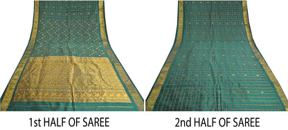 Sanskriti Vintage Green Sarees Pure Silk Zari Woven Brocade Indian Wedding Sari