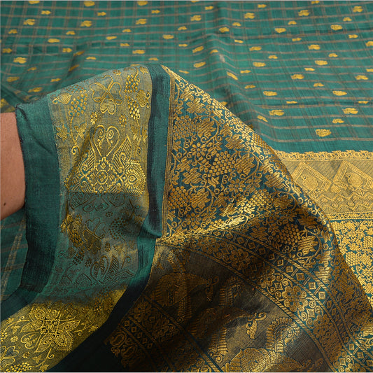 Sanskriti Vintage Green Sarees Pure Silk Zari Woven Brocade Indian Wedding Sari