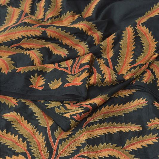 Sanskriti Vintage Black Sarees Pure Silk Hand Embroidered Kantha Sari 5yd Fabric