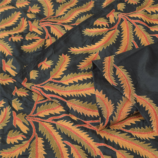 Sanskriti Vintage Black Sarees Pure Silk Hand Embroidered Kantha Sari 5yd Fabric