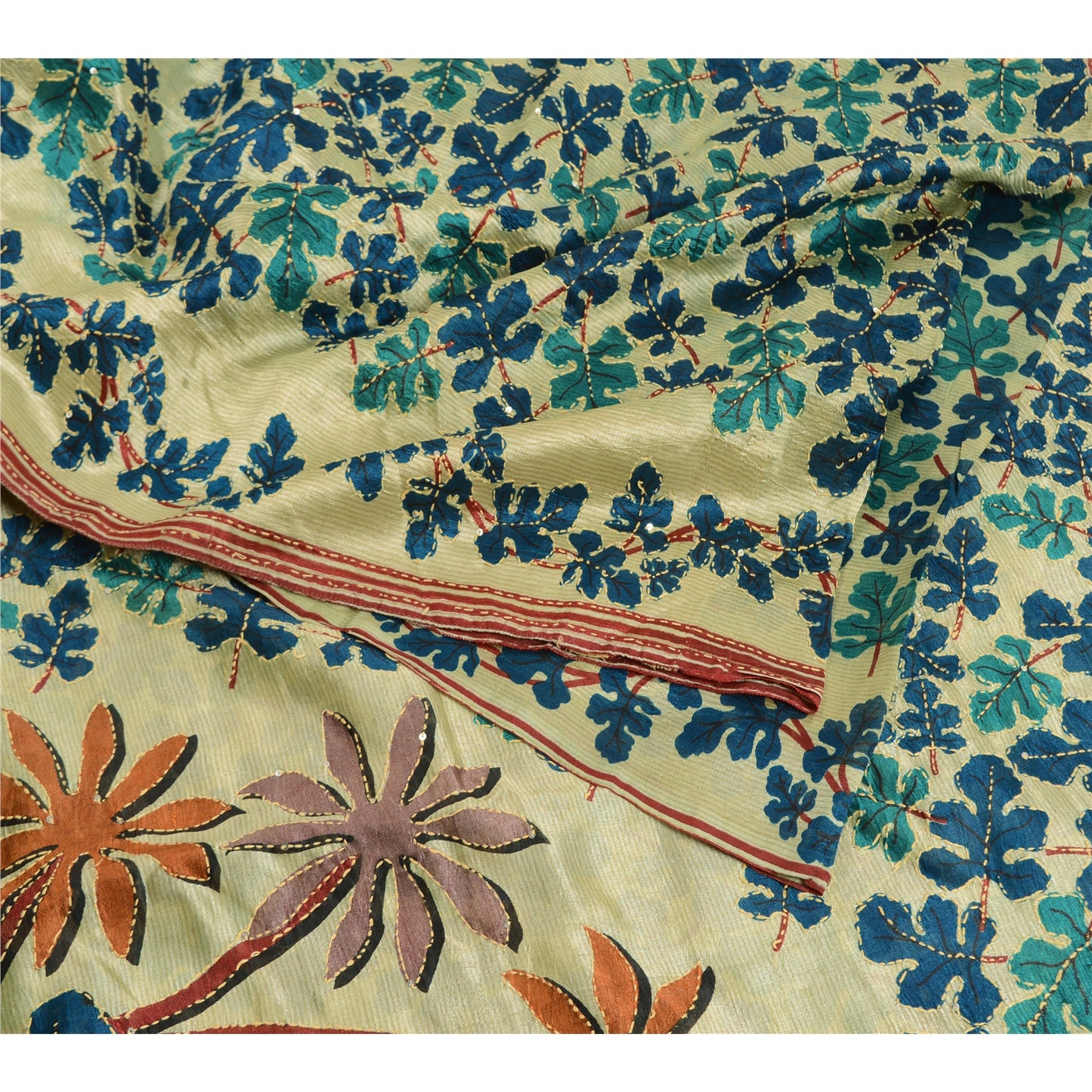 Sanskriti Vintage Ivory Sarees 100% Pure Silk Hand Beaded Kantha Sari Fabric