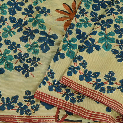 Sanskriti Vintage Ivory Sarees 100% Pure Silk Hand Beaded Kantha Sari Fabric