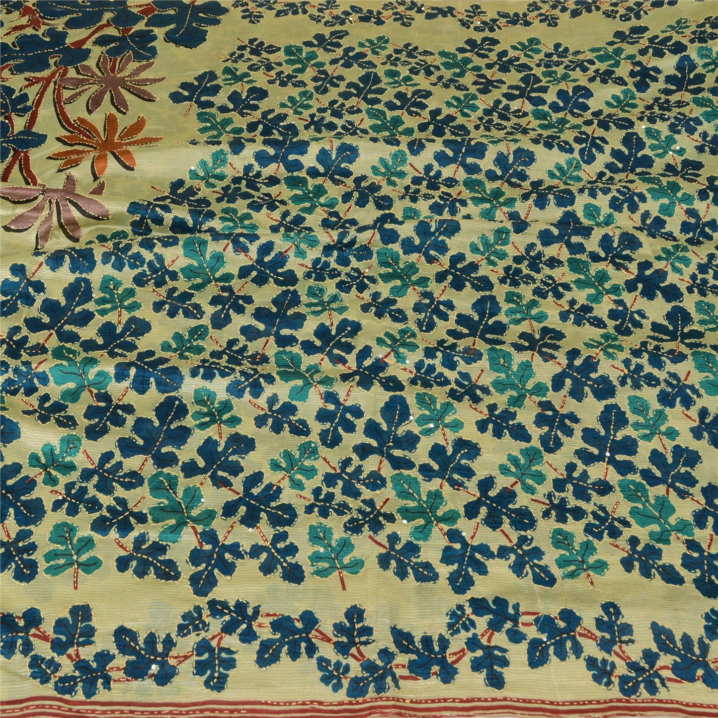 Sanskriti Vintage Ivory Sarees 100% Pure Silk Hand Beaded Kantha Sari Fabric