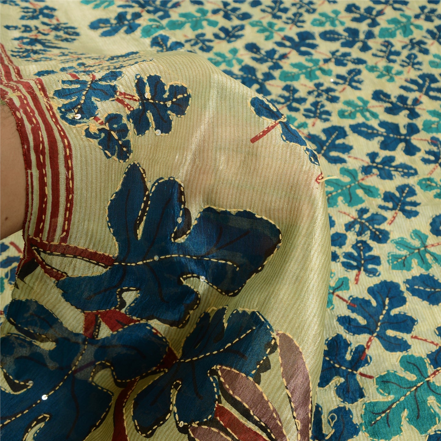 Sanskriti Vintage Ivory Sarees 100% Pure Silk Hand Beaded Kantha Sari Fabric