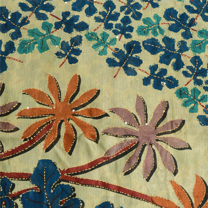 Sanskriti Vintage Ivory Sarees 100% Pure Silk Hand Beaded Kantha Sari Fabric