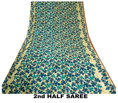 Sanskriti Vintage Ivory Sarees 100% Pure Silk Hand Beaded Kantha Sari Fabric