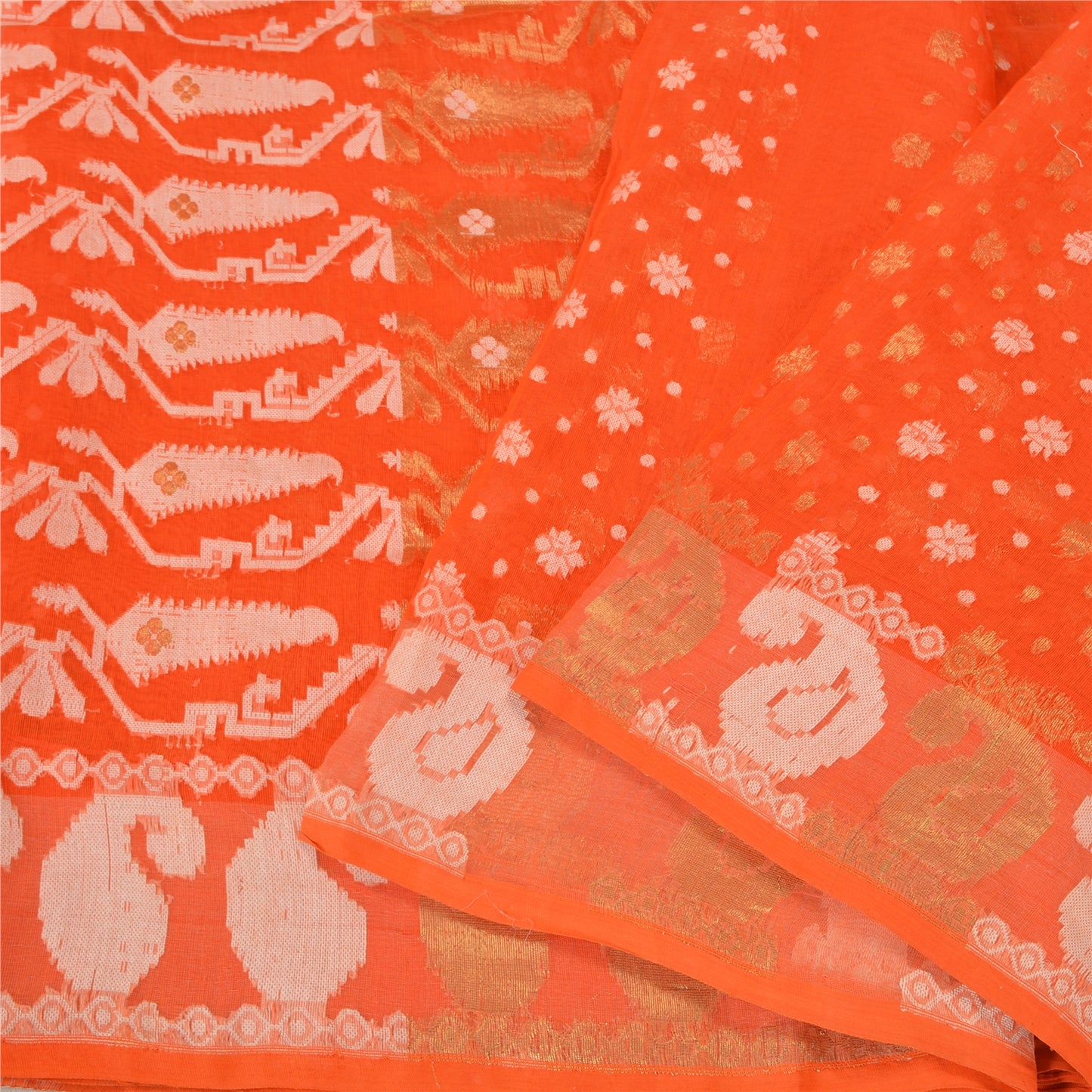 Sanskriti Vintage Orange Sarees Blend Silk Hand-Woven Jamdani Unique Sari Fabric