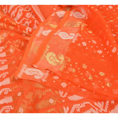 Sanskriti Vintage Orange Sarees Blend Silk Hand-Woven Jamdani Unique Sari Fabric