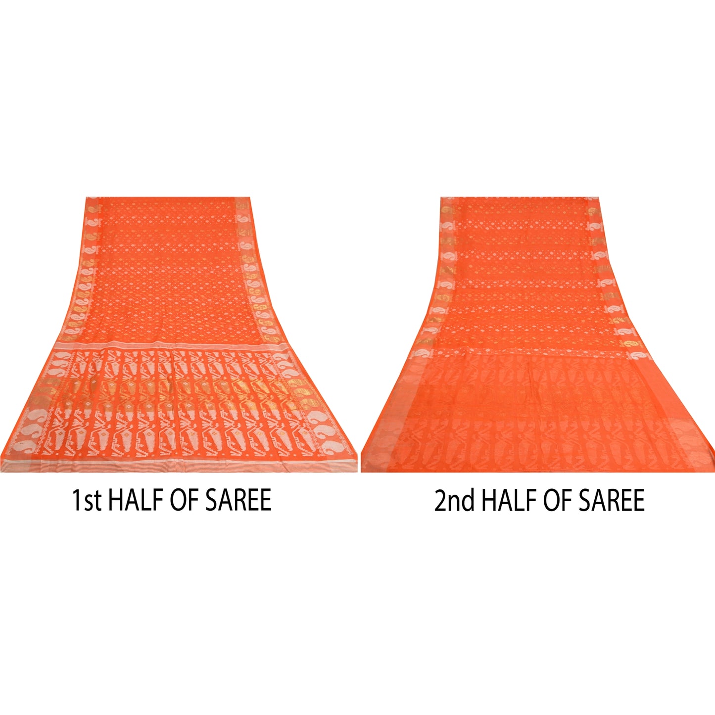 Sanskriti Vintage Orange Sarees Blend Silk Hand-Woven Jamdani Unique Sari Fabric