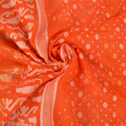 Sanskriti Vintage Orange Sarees Blend Silk Hand-Woven Jamdani Unique Sari Fabric