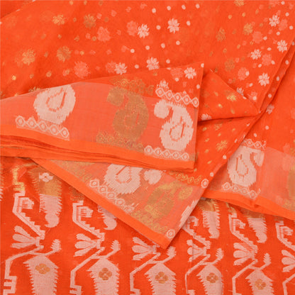 Sanskriti Vintage Orange Sarees Blend Silk Hand-Woven Jamdani Unique Sari Fabric