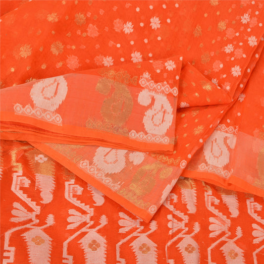 Sanskriti Vintage Orange Sarees Blend Silk Hand-Woven Jamdani Unique Sari Fabric