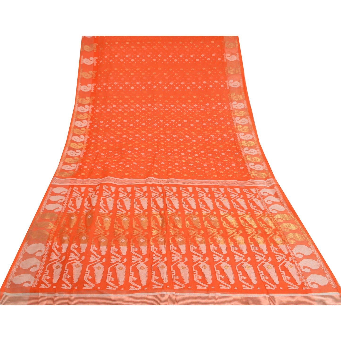 Sanskriti Vintage Orange Sarees Blend Silk Hand-Woven Jamdani Unique Sari Fabric