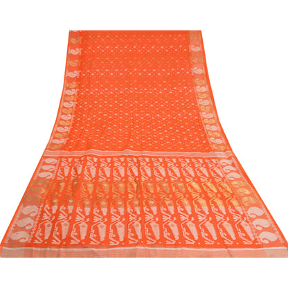 Sanskriti Vintage Orange Sarees Blend Silk Hand-Woven Jamdani Unique Sari Fabric