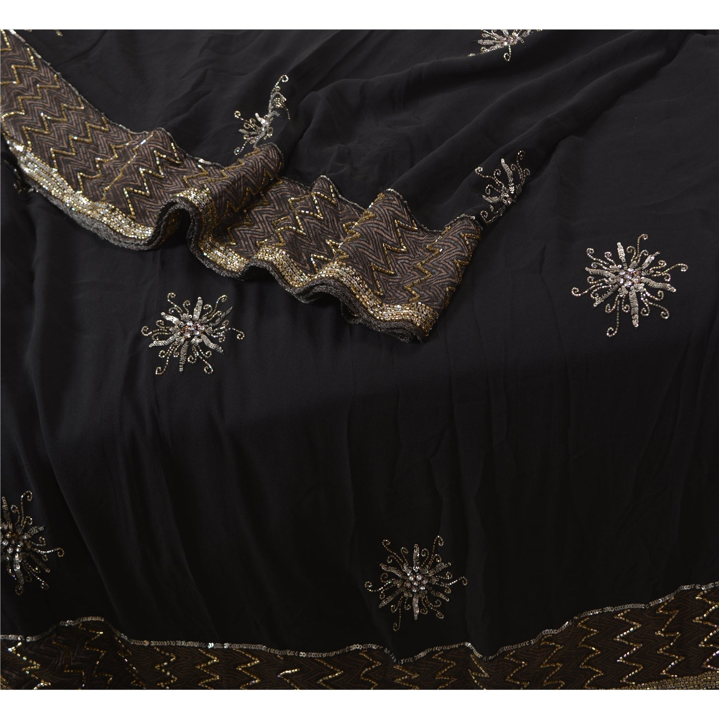 Sanskriti Vintage Bollywood Sarees Pure Georgette Black Hand Beaded Sari Fabric