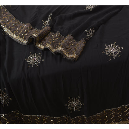 Sanskriti Vintage Bollywood Sarees Pure Georgette Black Hand Beaded Sari Fabric