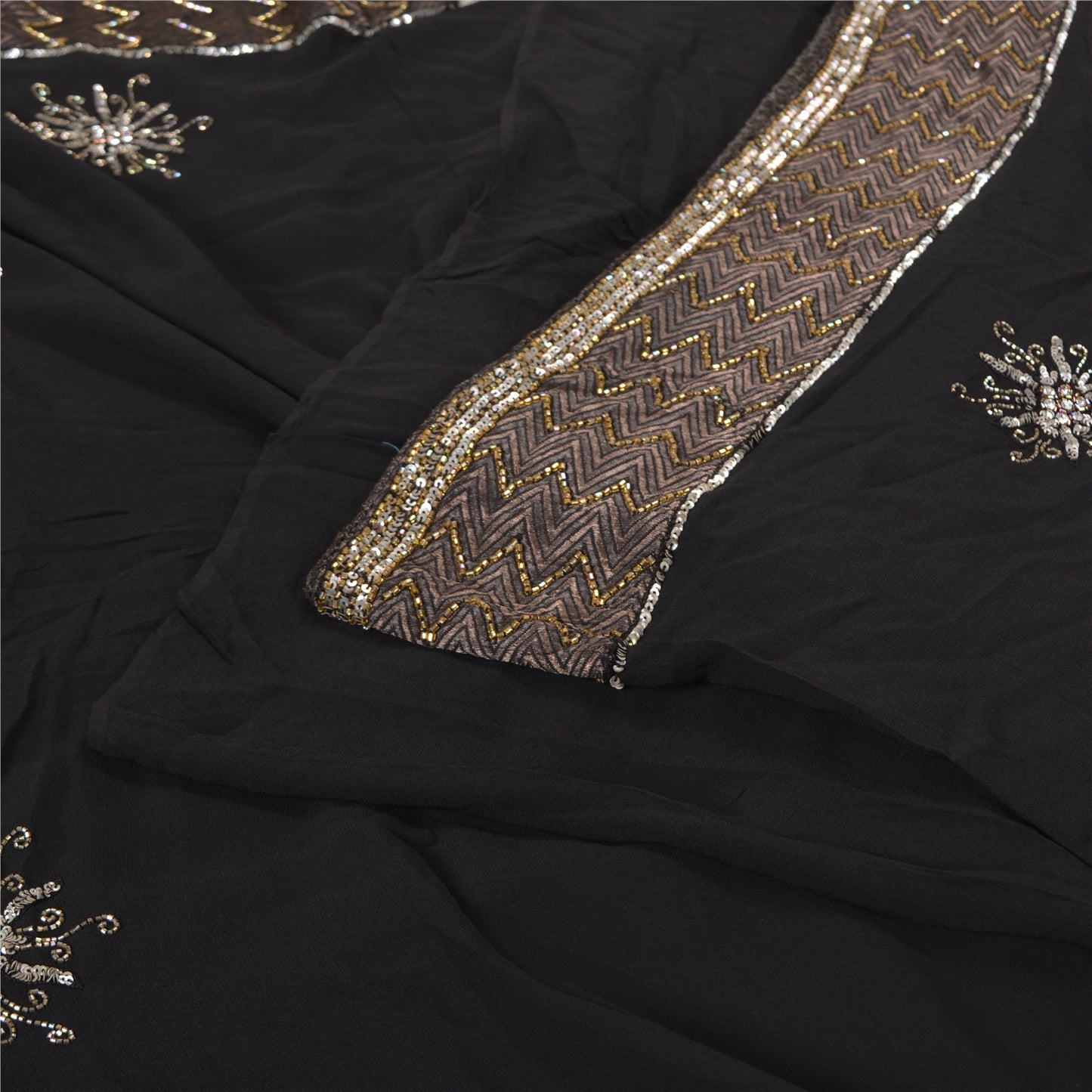 Sanskriti Vintage Bollywood Sarees Pure Georgette Black Hand Beaded Sari Fabric