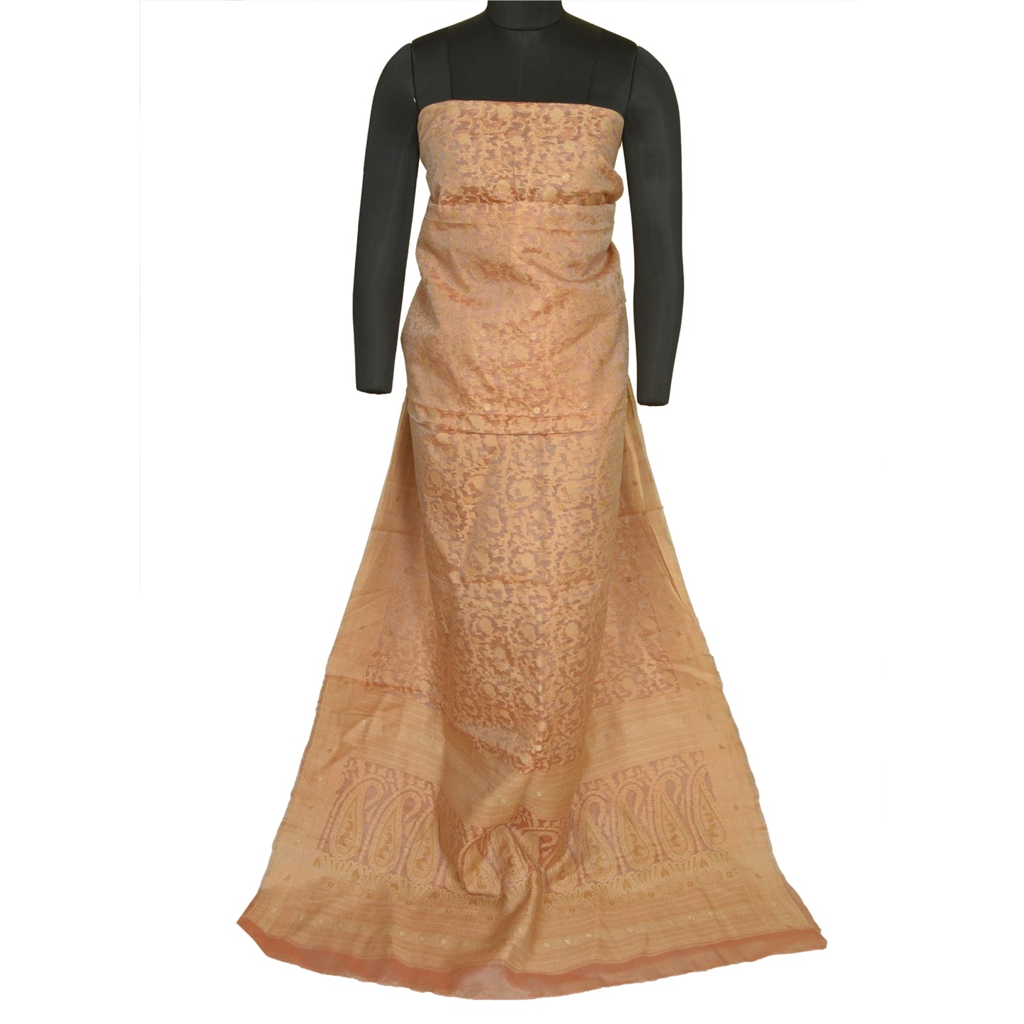 Sanskriti Vintage Peach Indian Sarees 100% Pure Silk Woven Premium Sari Fabric