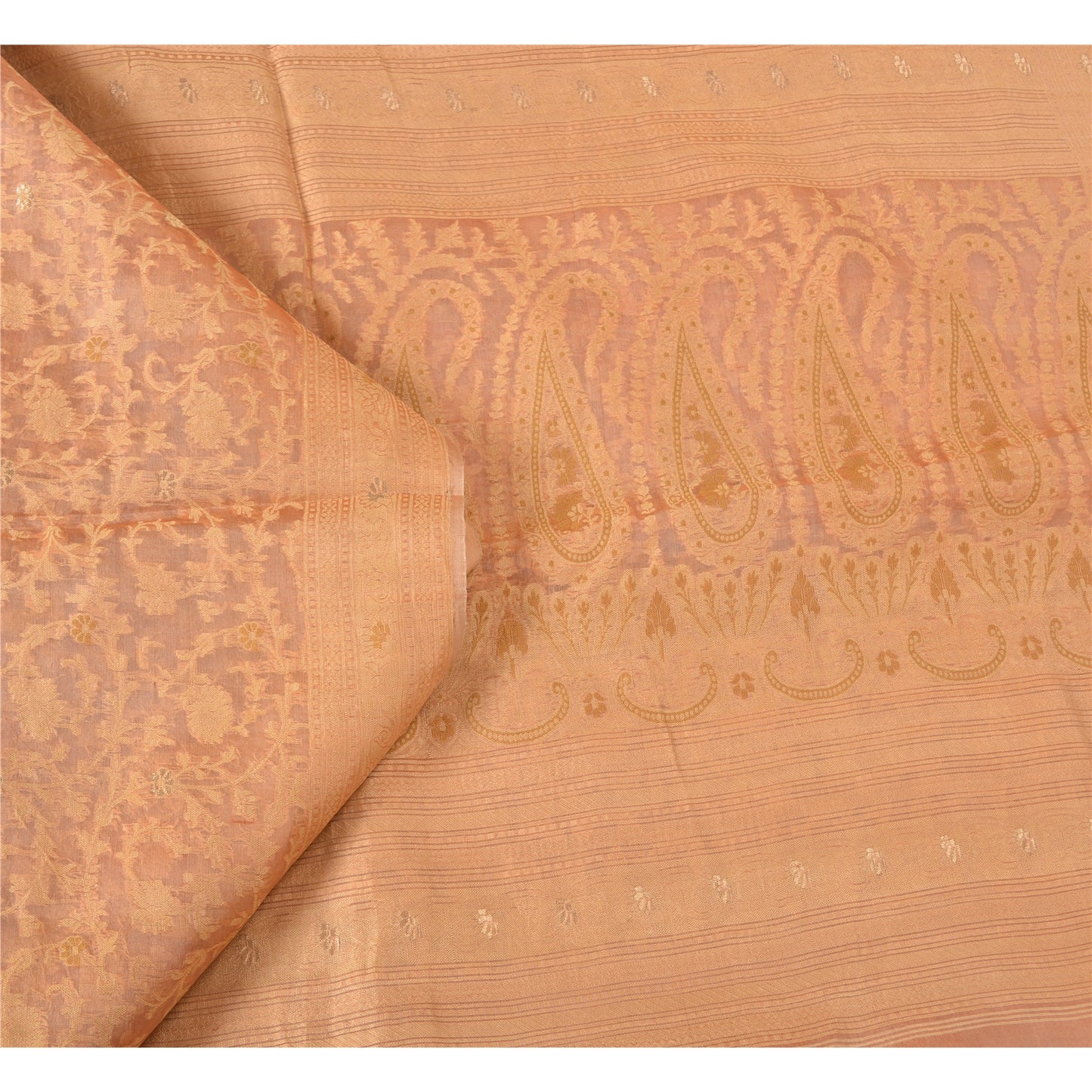 Sanskriti Vintage Peach Indian Sarees 100% Pure Silk Woven Premium Sari Fabric