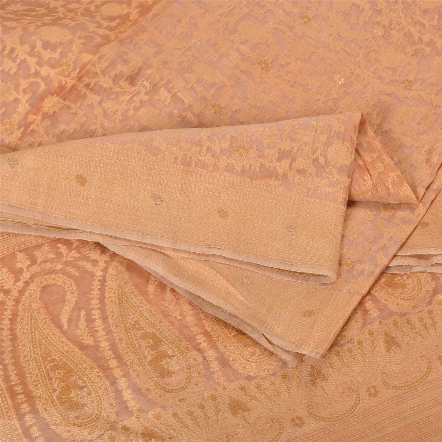Sanskriti Vintage Peach Indian Sarees 100% Pure Silk Woven Premium Sari Fabric