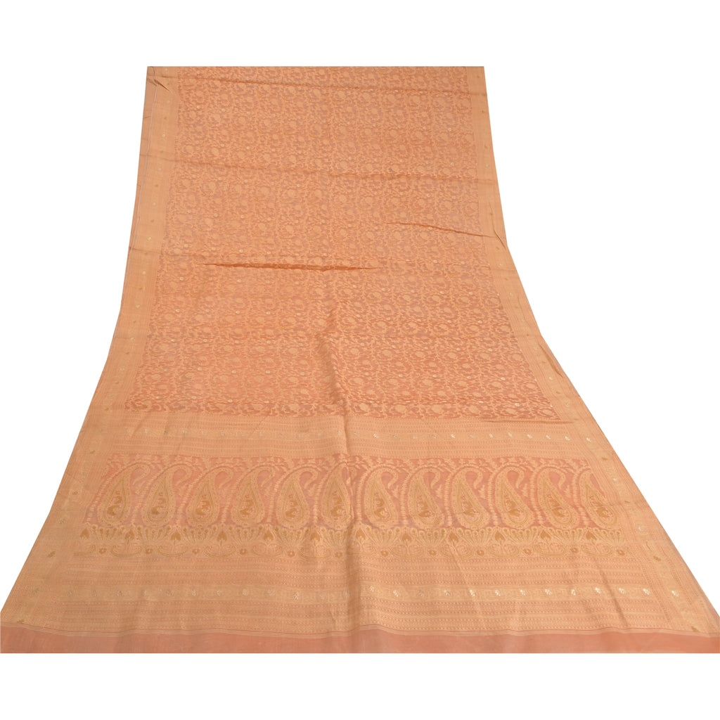 Sanskriti Vintage Peach Indian Sarees 100% Pure Silk Woven Premium Sari Fabric