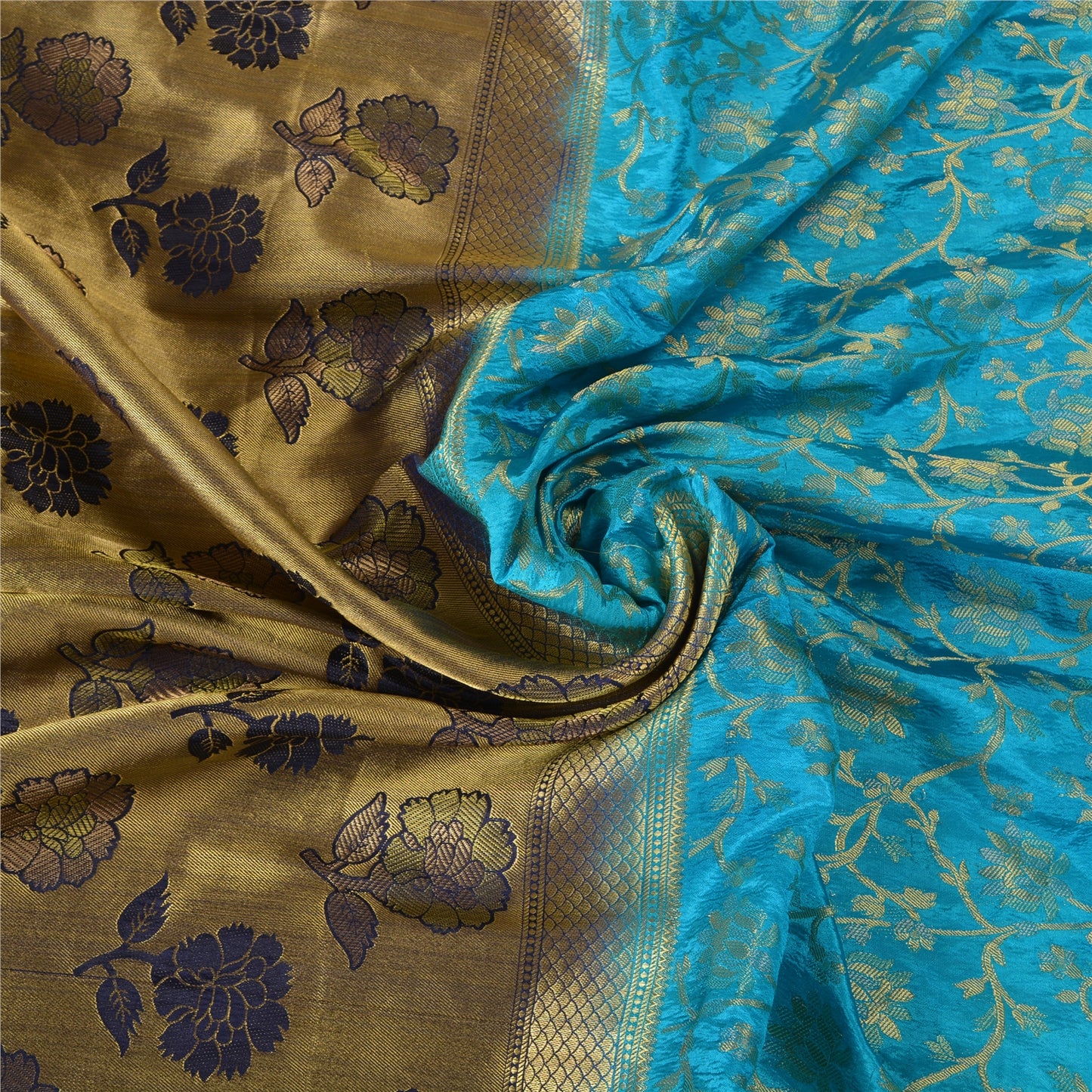 Sanskriti Vintage Blue Indian Sarees Art Silk Woven Brocade/Banarasi Sari Fabric