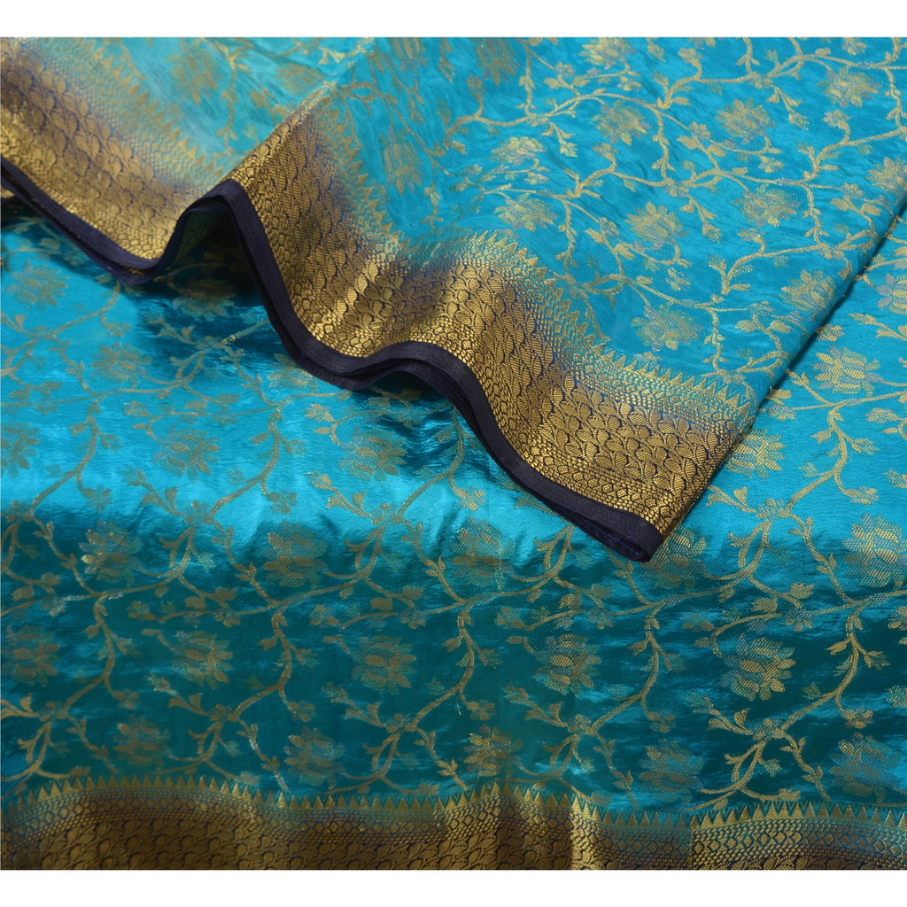 Sanskriti Vintage Blue Indian Sarees Art Silk Woven Brocade/Banarasi Sari Fabric