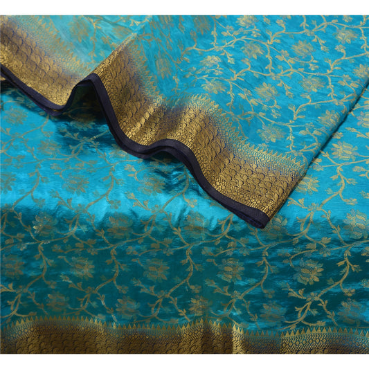 Sanskriti Vintage Blue Indian Sarees Art Silk Woven Brocade/Banarasi Sari Fabric