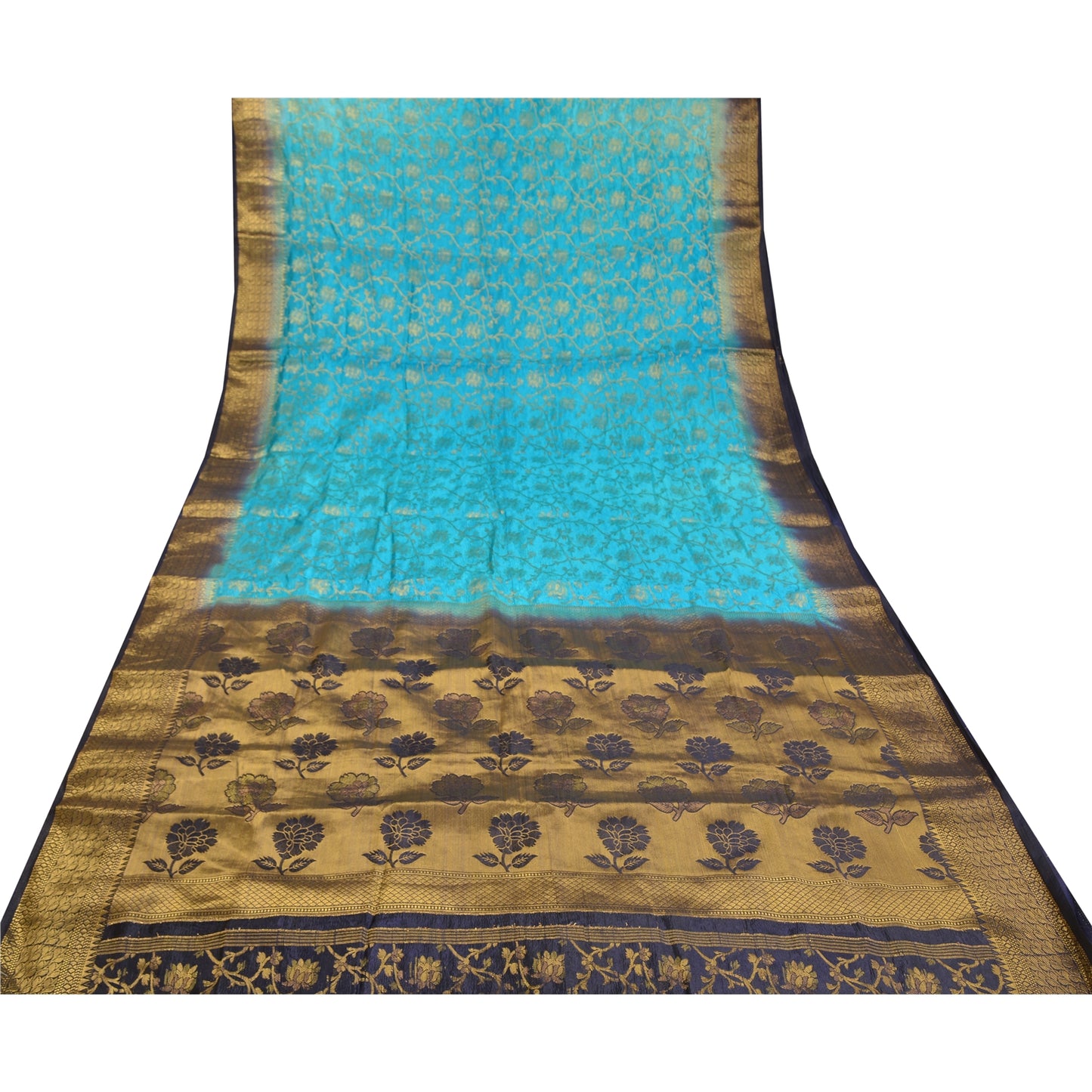 Sanskriti Vintage Blue Indian Sarees Art Silk Woven Brocade/Banarasi Sari Fabric
