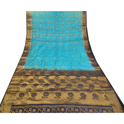 Sanskriti Vintage Blue Indian Sarees Art Silk Woven Brocade/Banarasi Sari Fabric