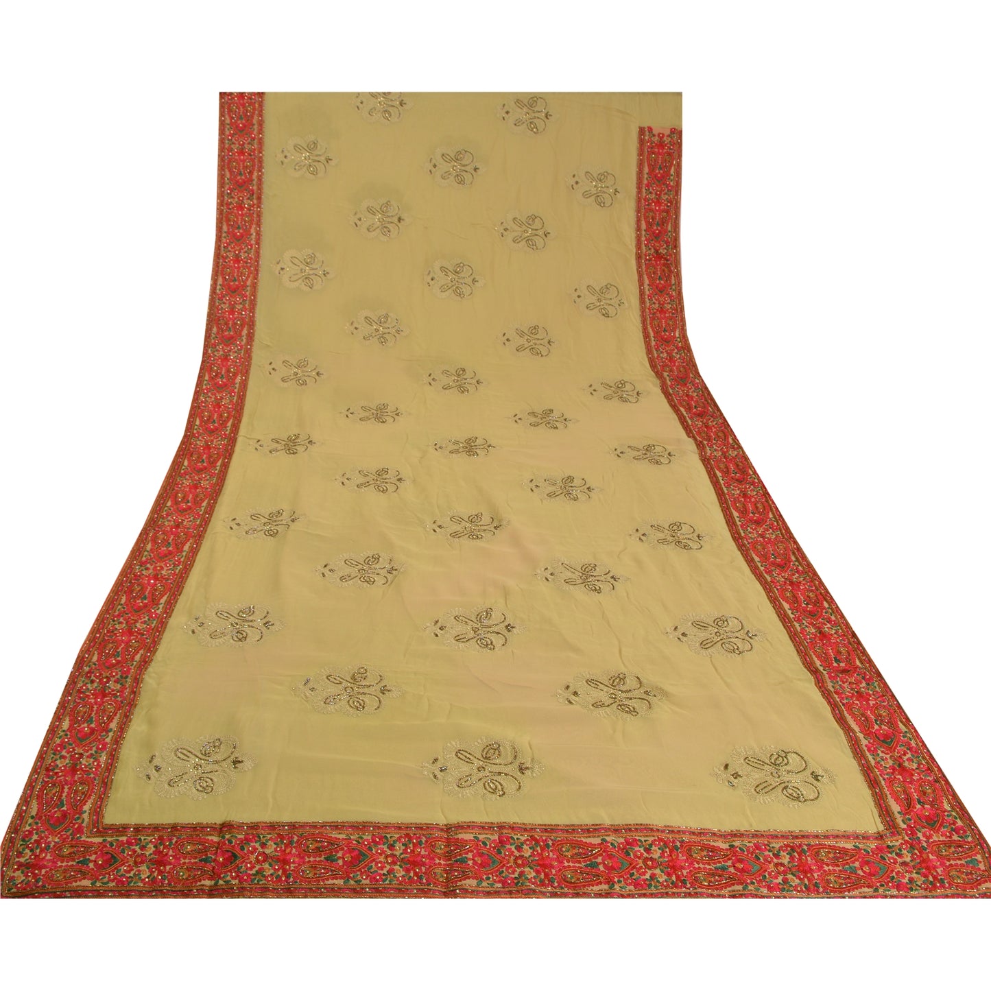 Sanskriti Vintage Green Bollywood Sarees Pure Georgette Hand Beaded Sari Fabric