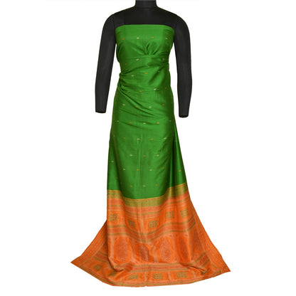 Sanskriti Vintage Green/Saffron Sarees Pure Silk Woven Premium Sari Fabric