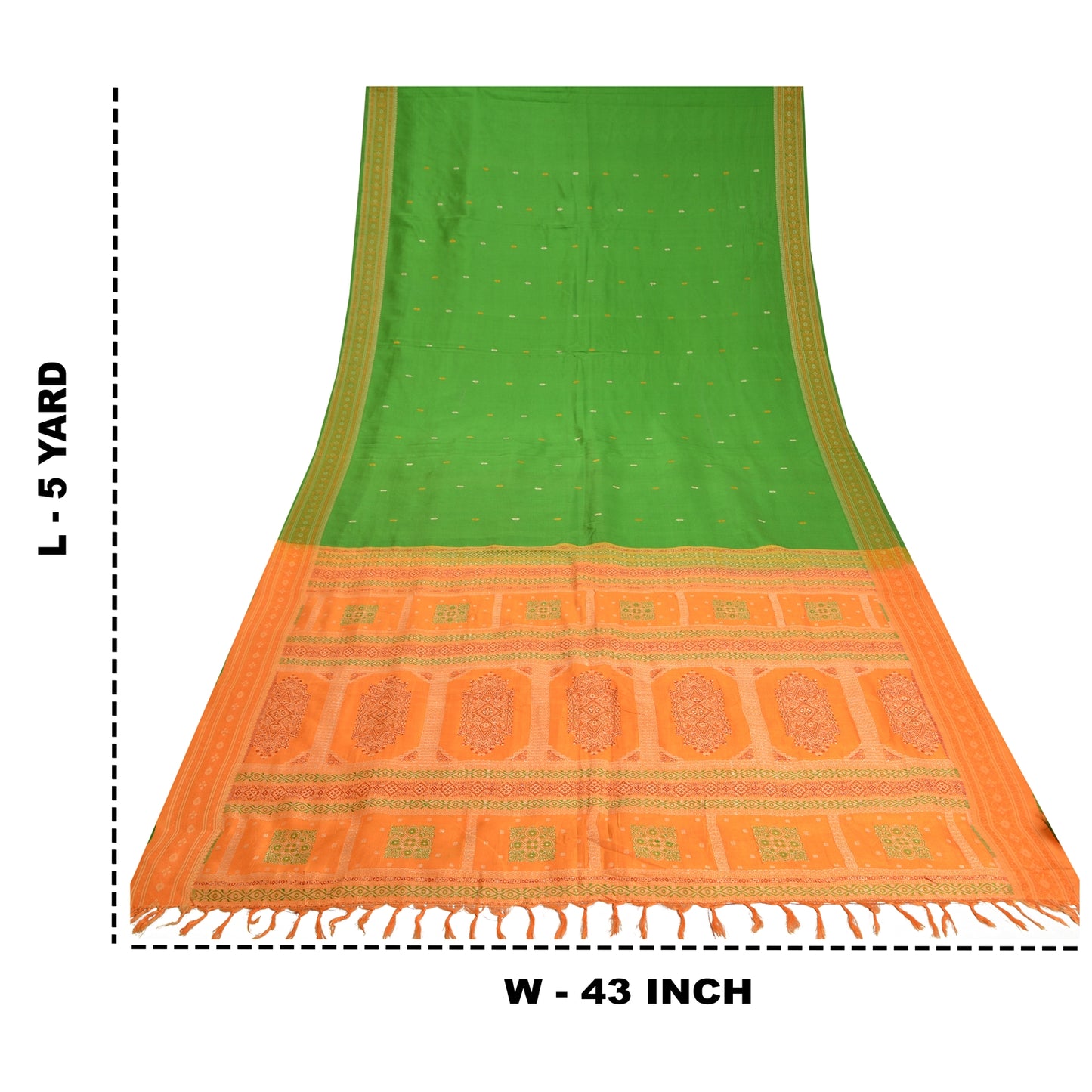 Sanskriti Vintage Green/Saffron Sarees Pure Silk Woven Premium Sari Fabric