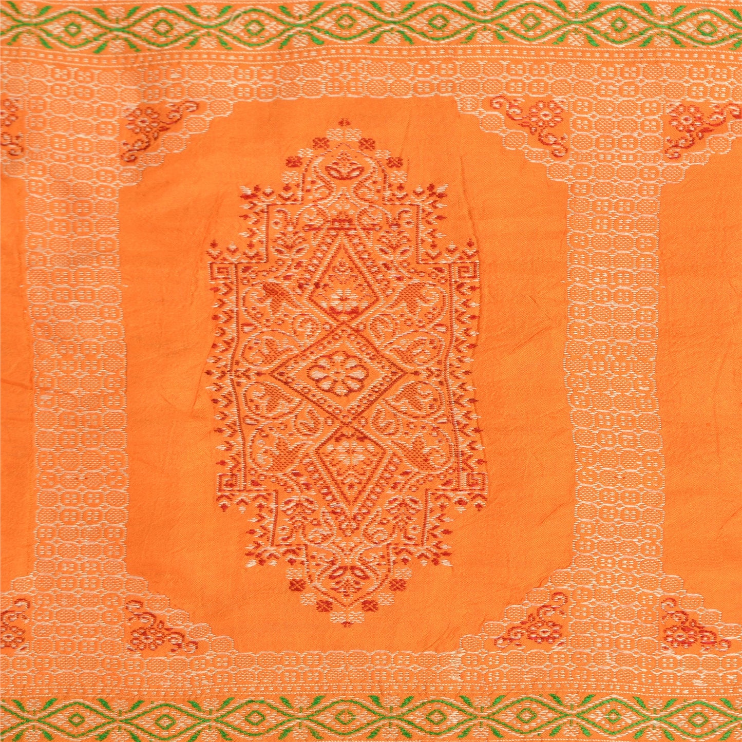 Sanskriti Vintage Green/Saffron Sarees Pure Silk Woven Premium Sari Fabric