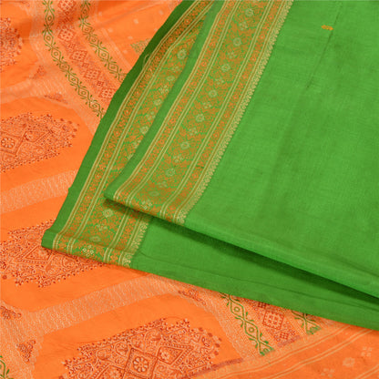 Sanskriti Vintage Green/Saffron Sarees Pure Silk Woven Premium Sari Fabric