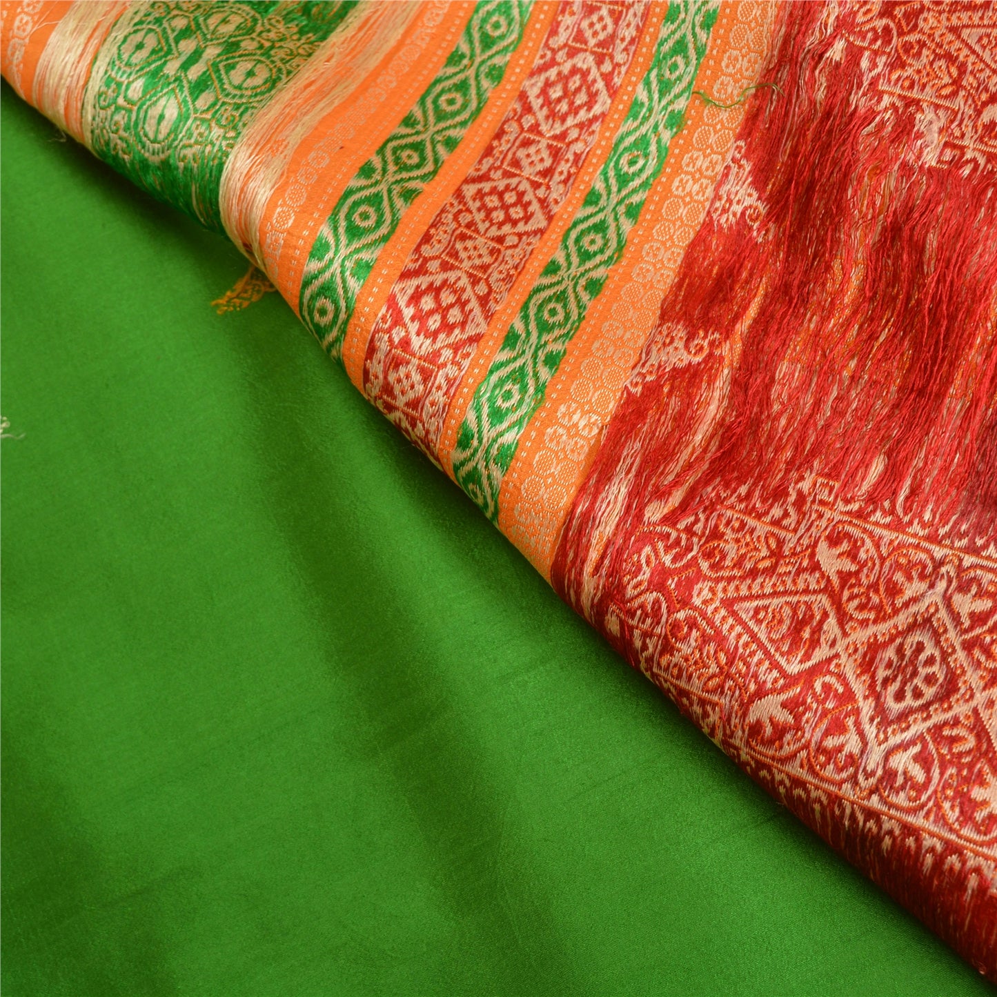 Sanskriti Vintage Green/Saffron Sarees Pure Silk Woven Premium Sari Fabric