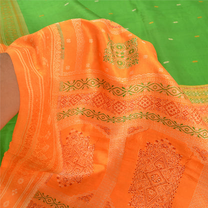 Sanskriti Vintage Green/Saffron Sarees Pure Silk Woven Premium Sari Fabric